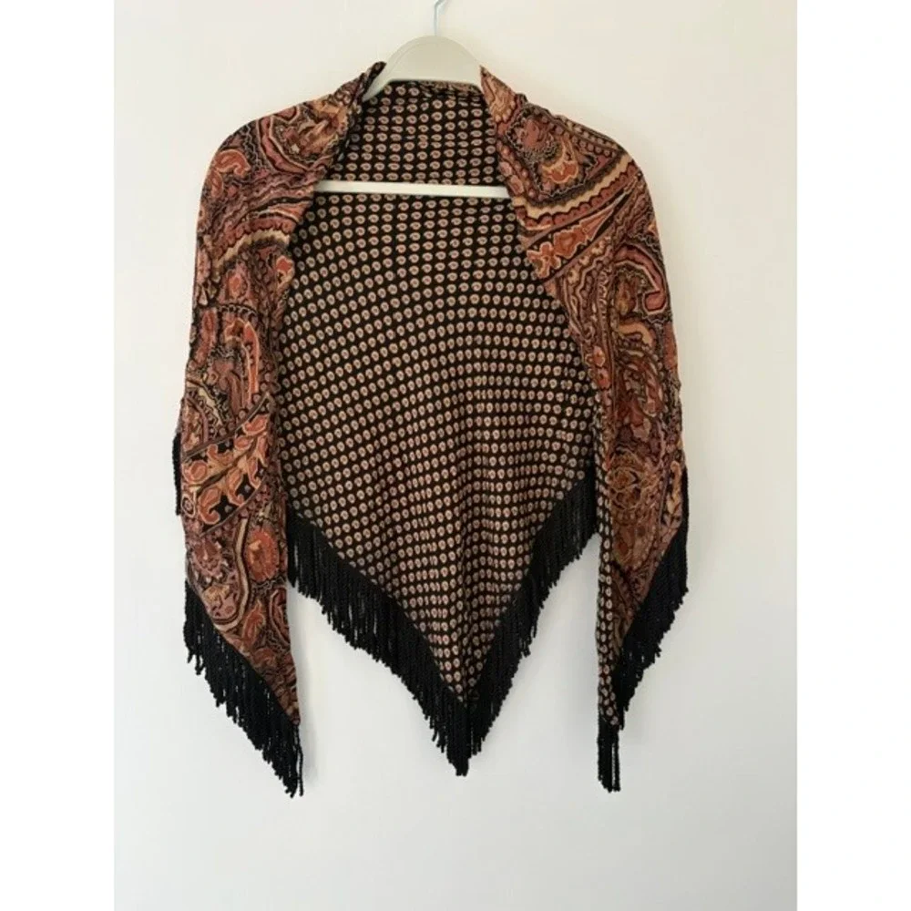 Vintage Paisley Triangle Fringe Shawl Reversible Scarf Terracotta Boho Wrap